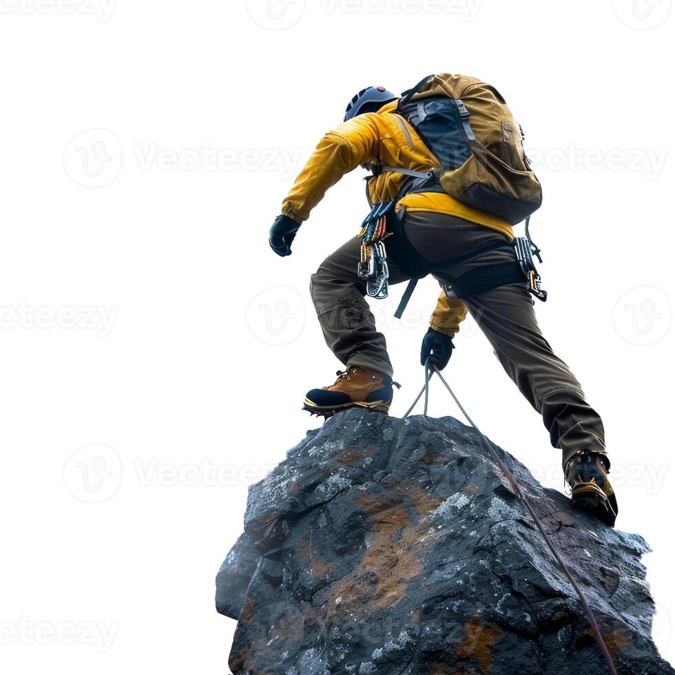 Climber in gear stands victoriously on a rugged peak. Isolated on a transparent background photo