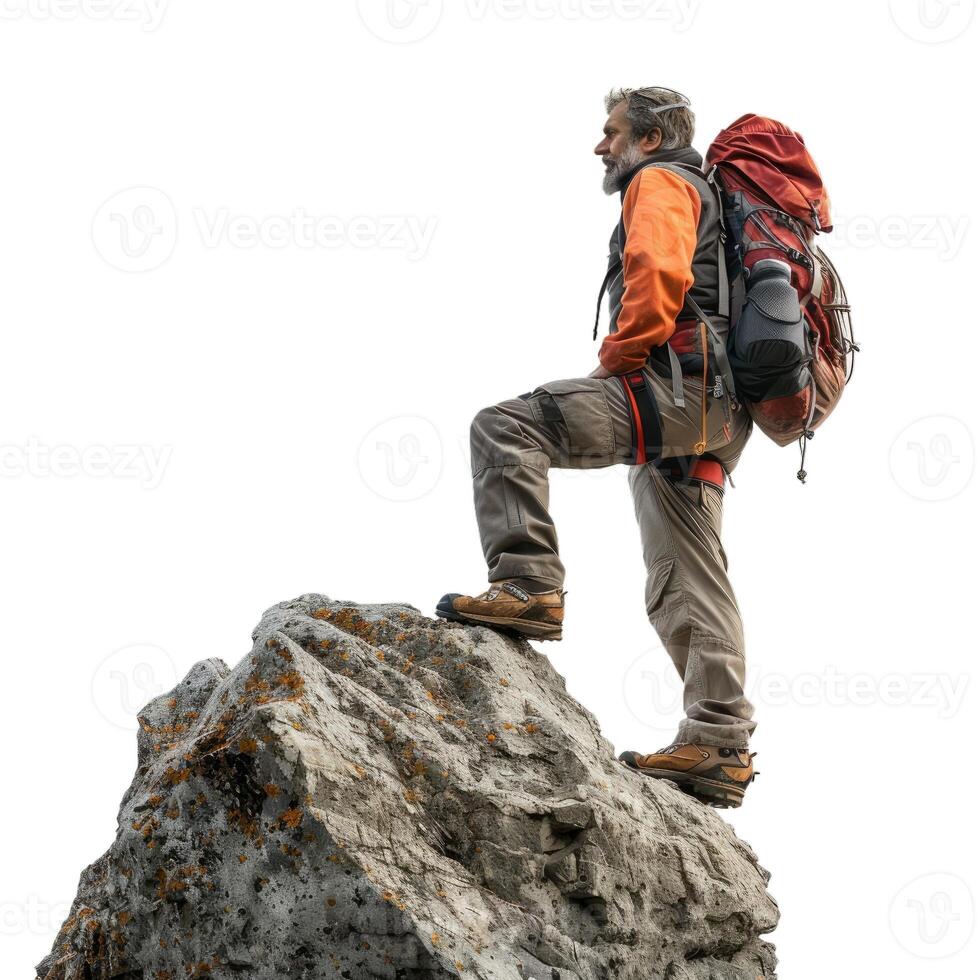 Mature hiker on mountain peak photo