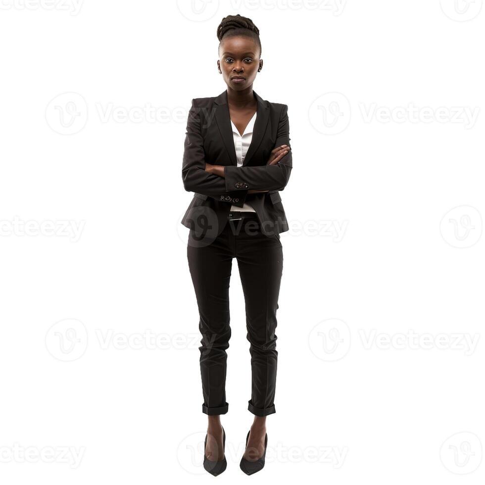 Confident young businesswoman standing with arms crossed on white background photo
