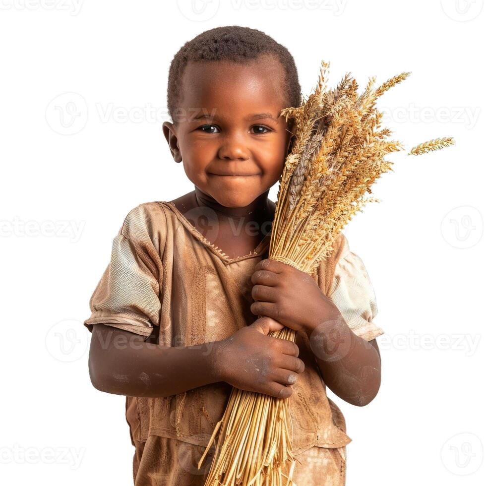 Young child smiling with wheat bundle photo