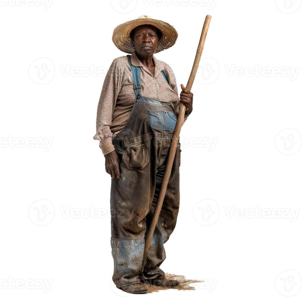 Senior farmer with hoe on transparent background photo