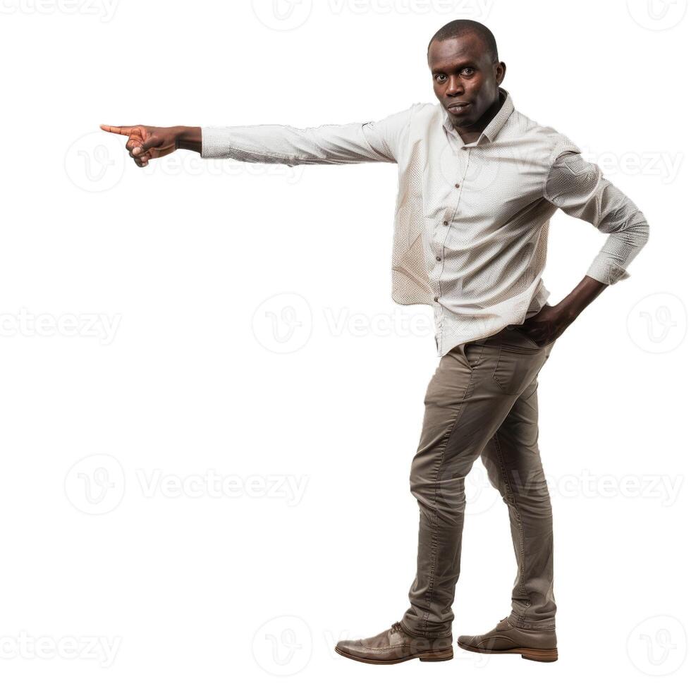 Confident man pointing to the side on transparent background photo