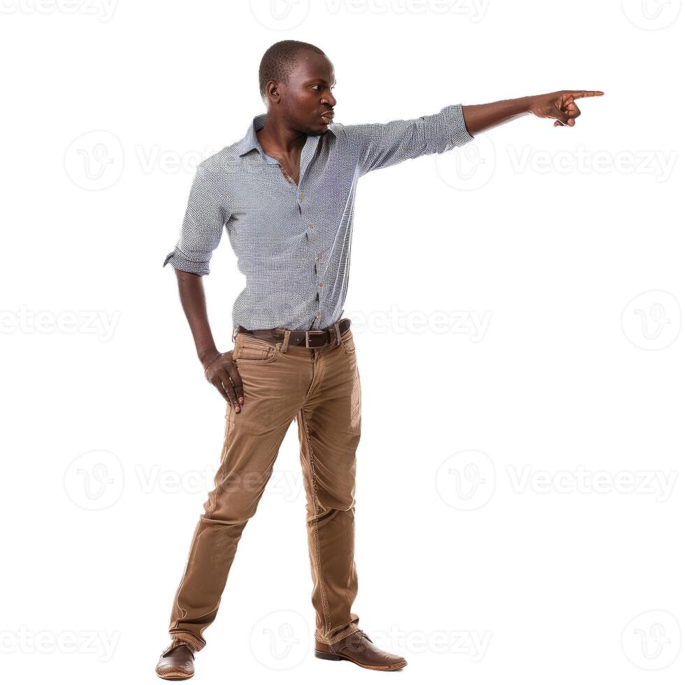 Confident man pointing sideways on transparent background photo