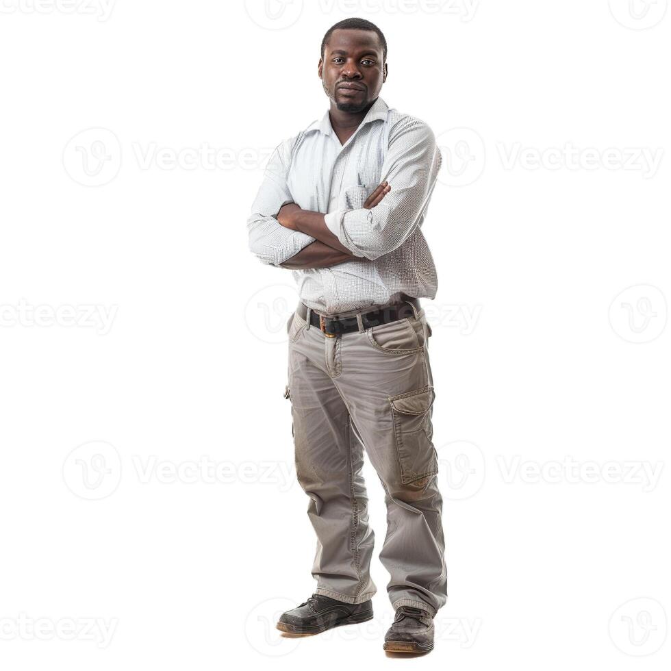 Confident technician standing with arms crossed on white background photo
