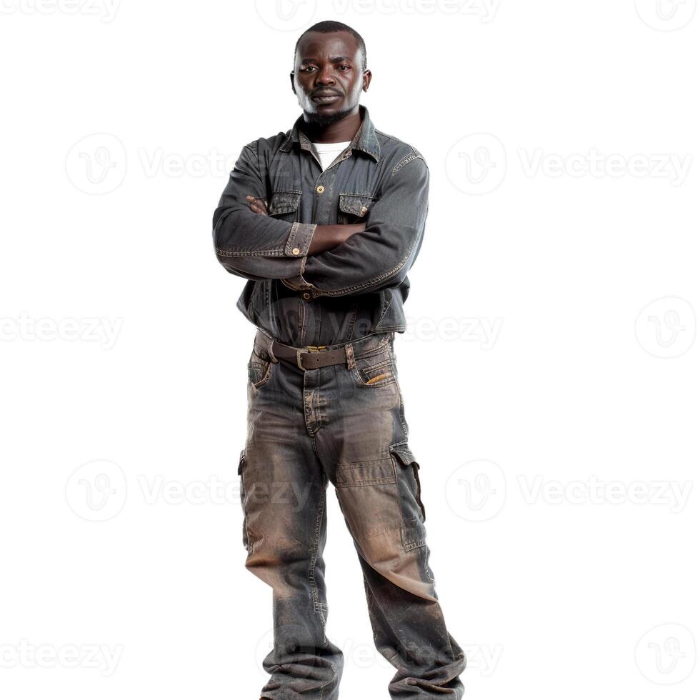 Serious african man wearing dirty clothes standing with folded arms photo