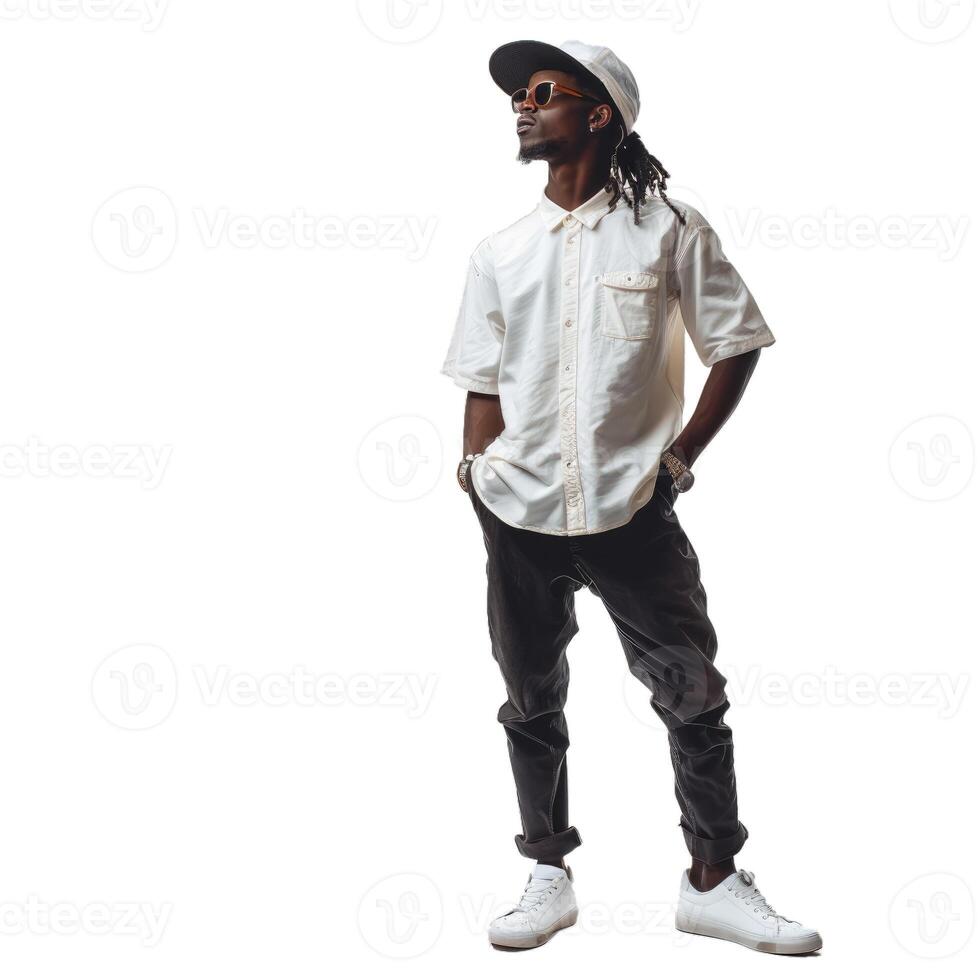Young black man with sunglasses and cap posing with hands in pockets photo