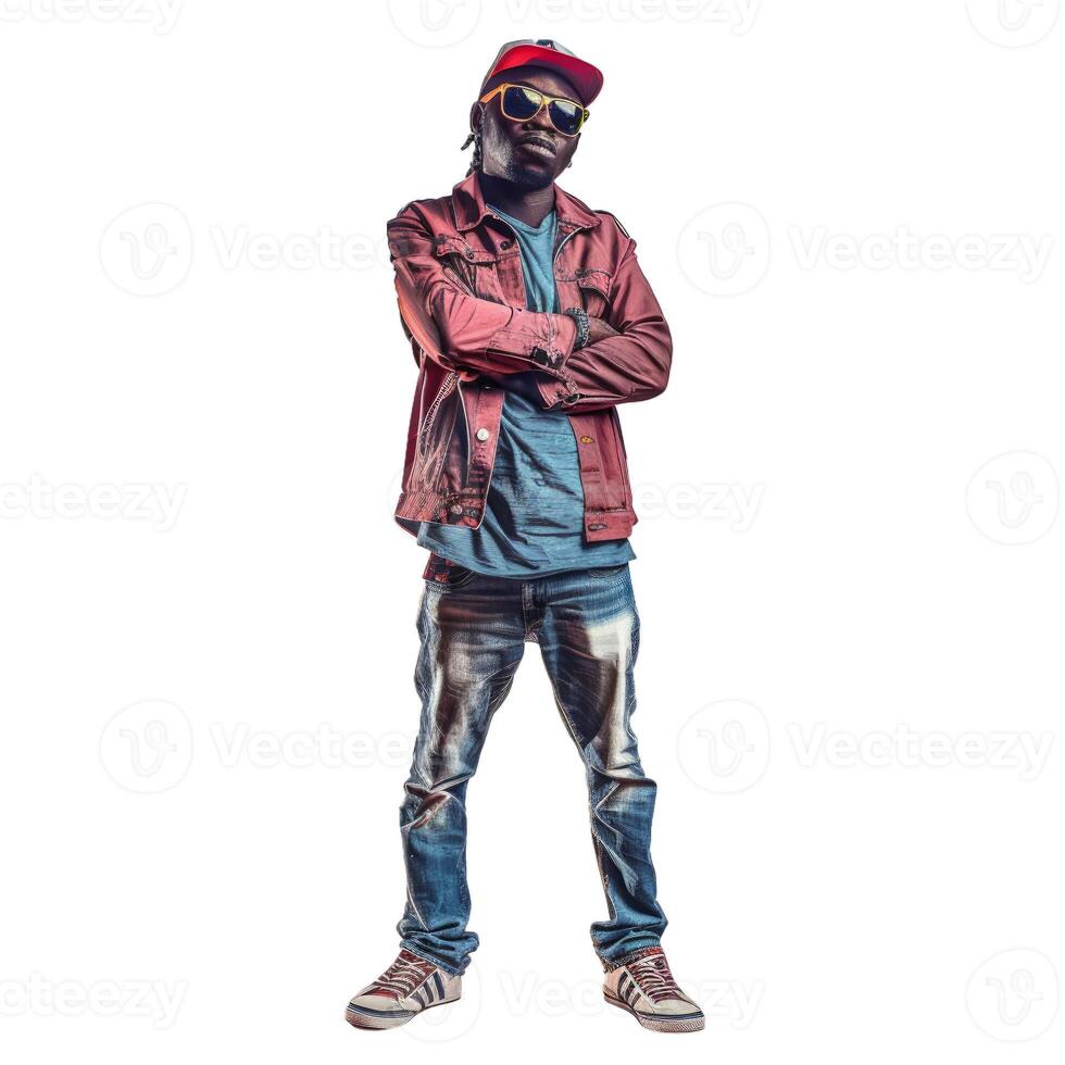 Confident rapper posing with arms crossed on white background photo
