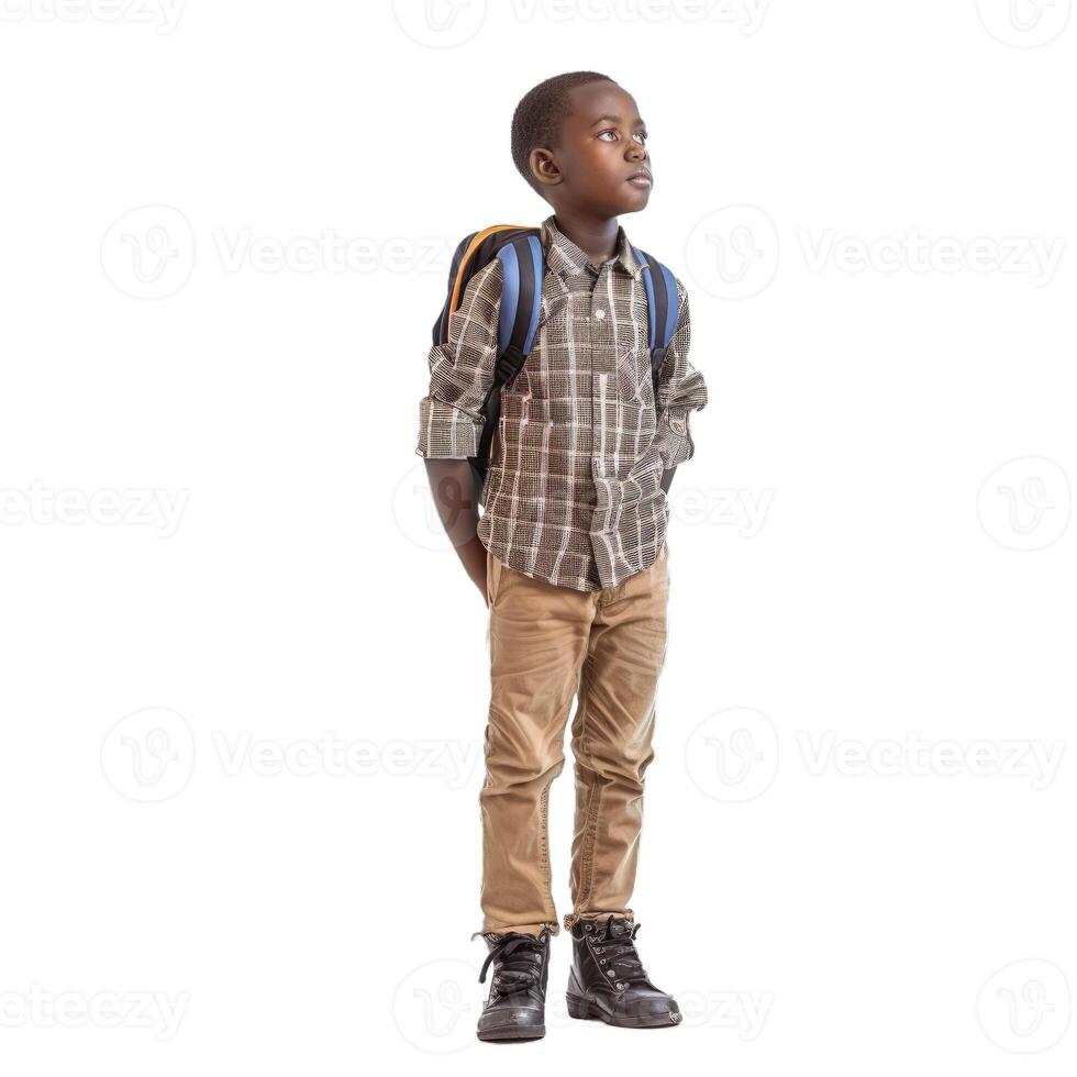 Young boy with backpack looking upwards photo