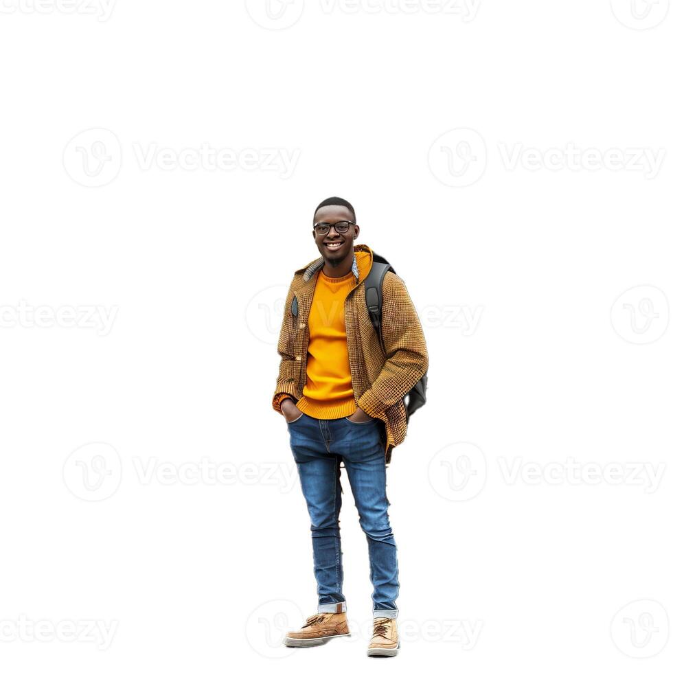 Smiling man with backpack isolated on transparent background photo