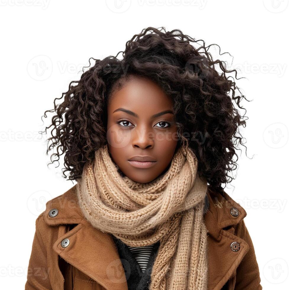 Confident young woman with curly hair and scarf photo