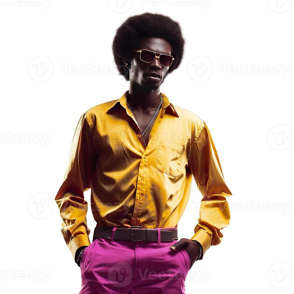 Stylish man wearing yellow shirt and pink pants is posing with hands in pockets photo