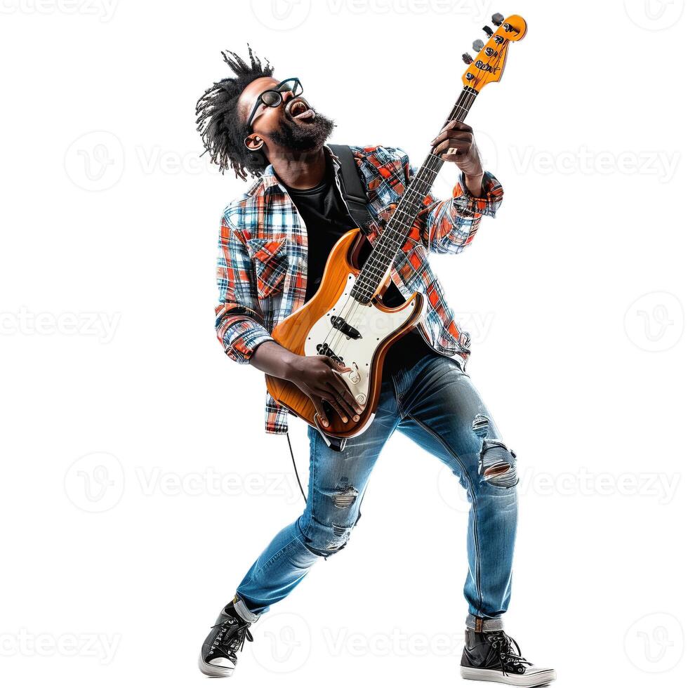 Energetic guitar player in action photo