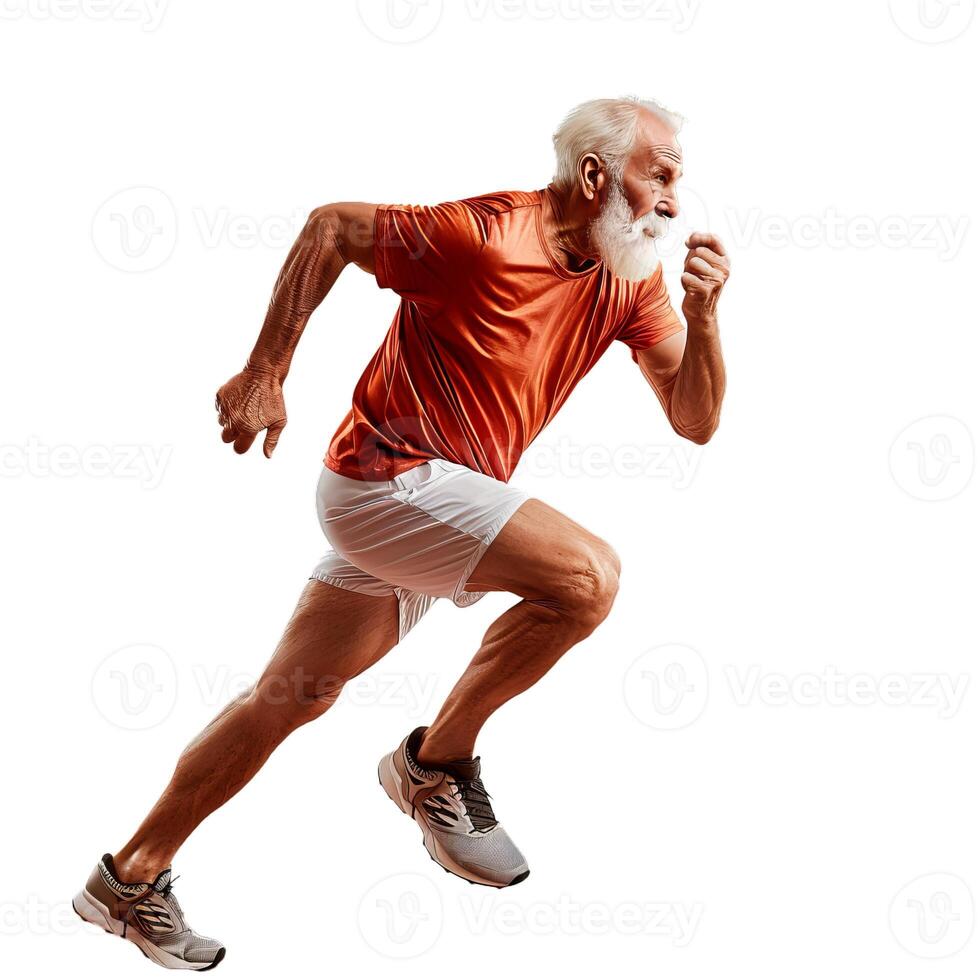 Senior man in athletic gear running on transparent background photo