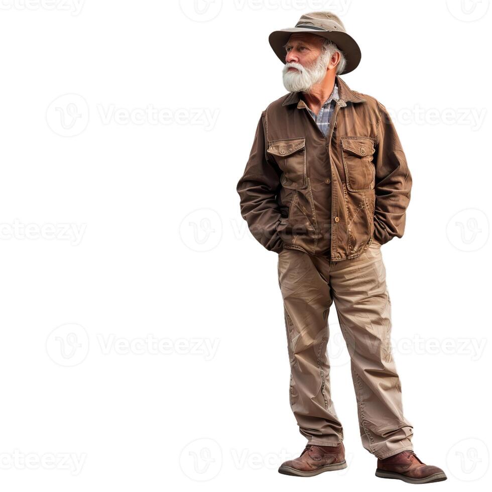 Senior man in casual outdoor wear standing thoughtfully photo