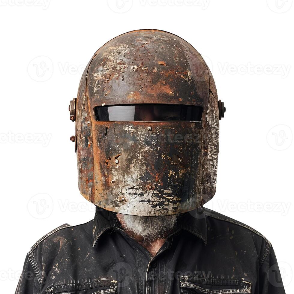 Welder wearing grunge metal helmet posing on white background photo