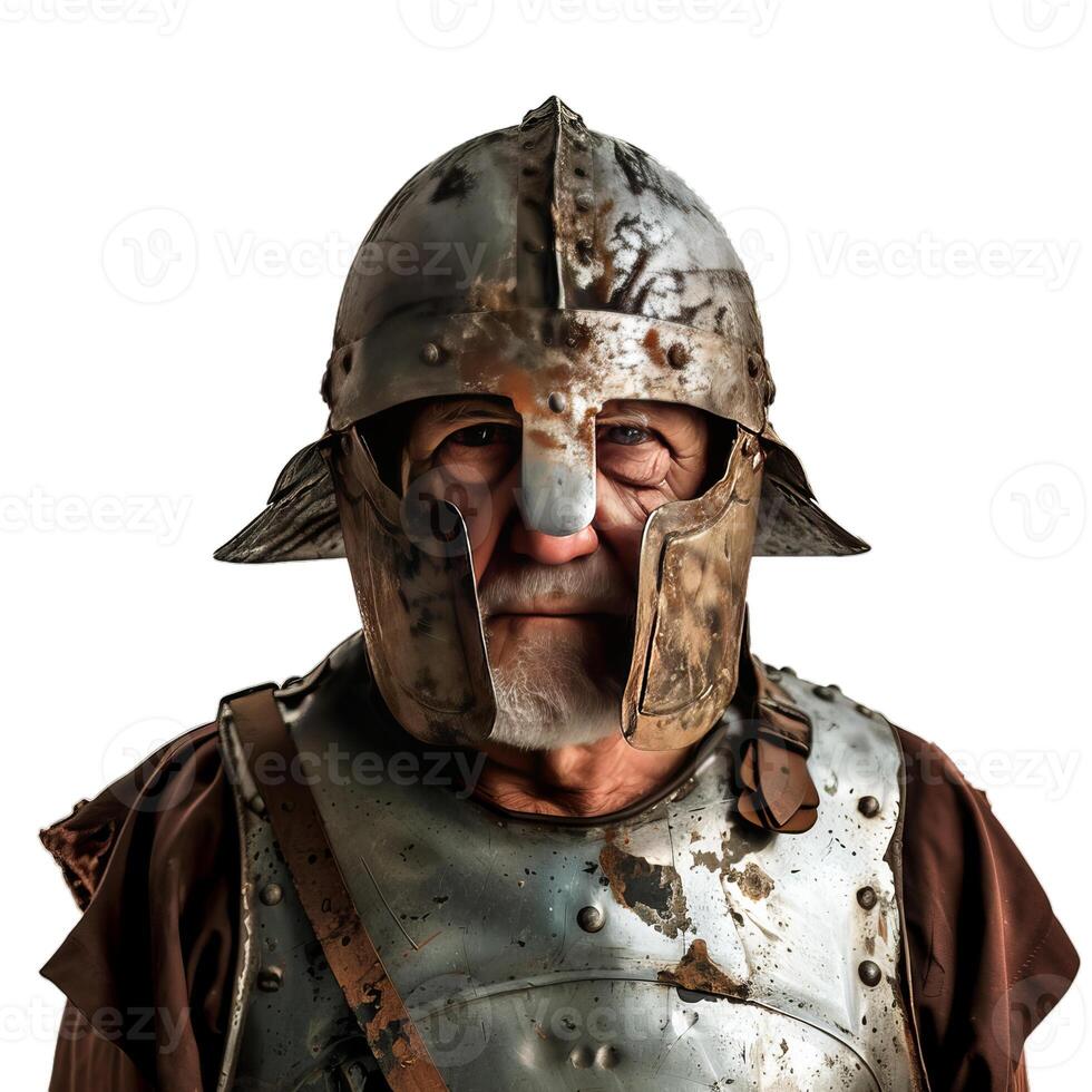 Senior warrior wearing helmet and breastplate posing on white background photo