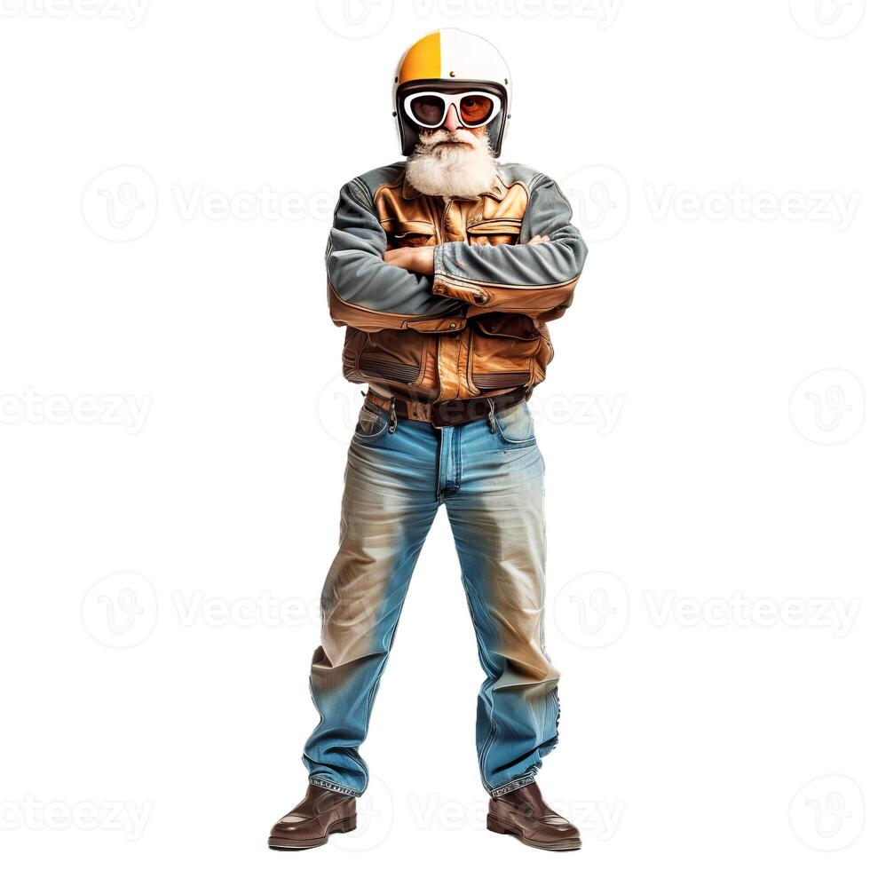 Senior motorcyclist posing with arms crossed wearing helmet and goggles photo