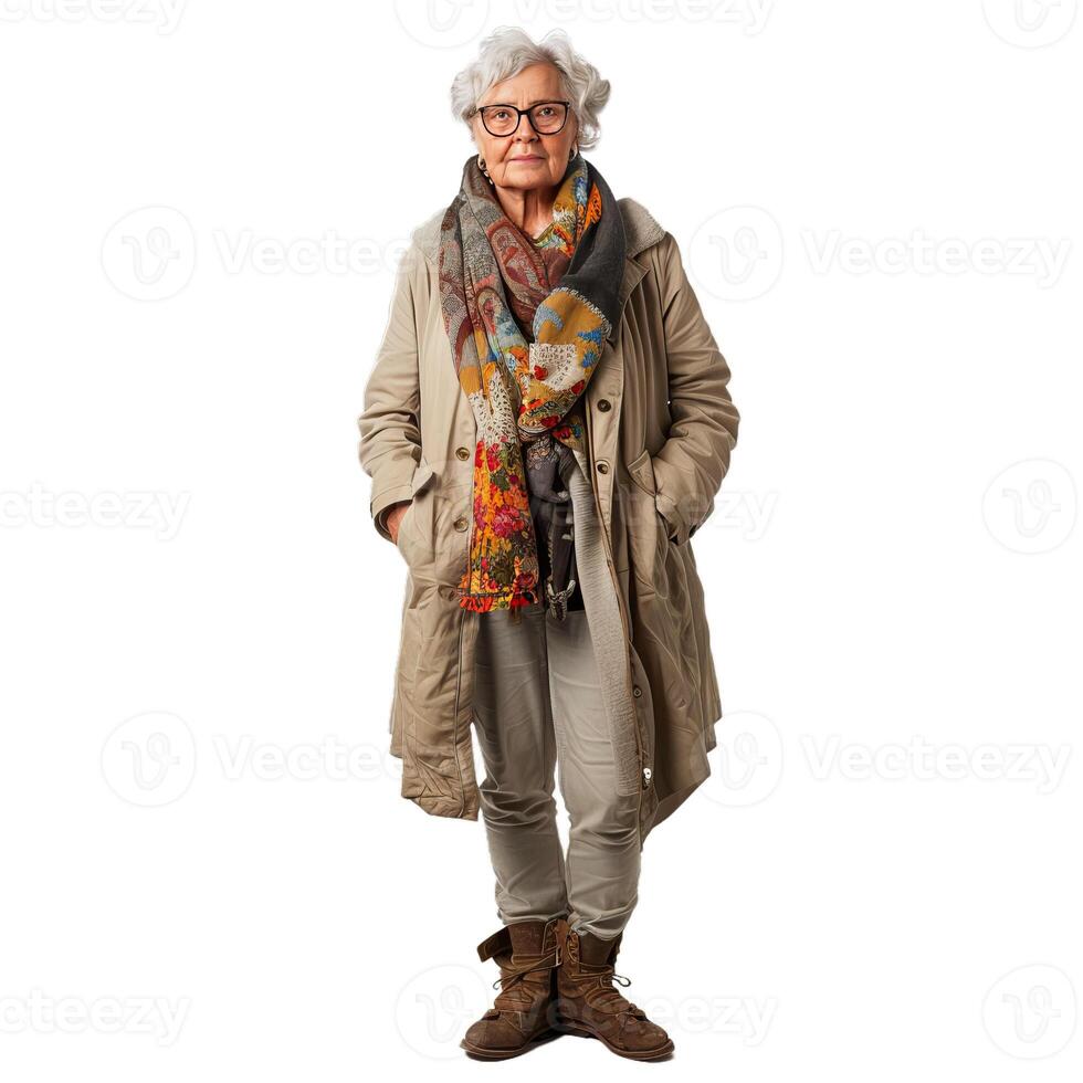Senior woman with grey hair and glasses standing and wearing a scarf and a coat photo