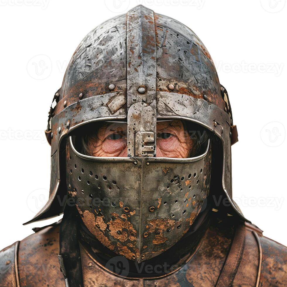 Senior warrior wearing helmet posing on white background photo