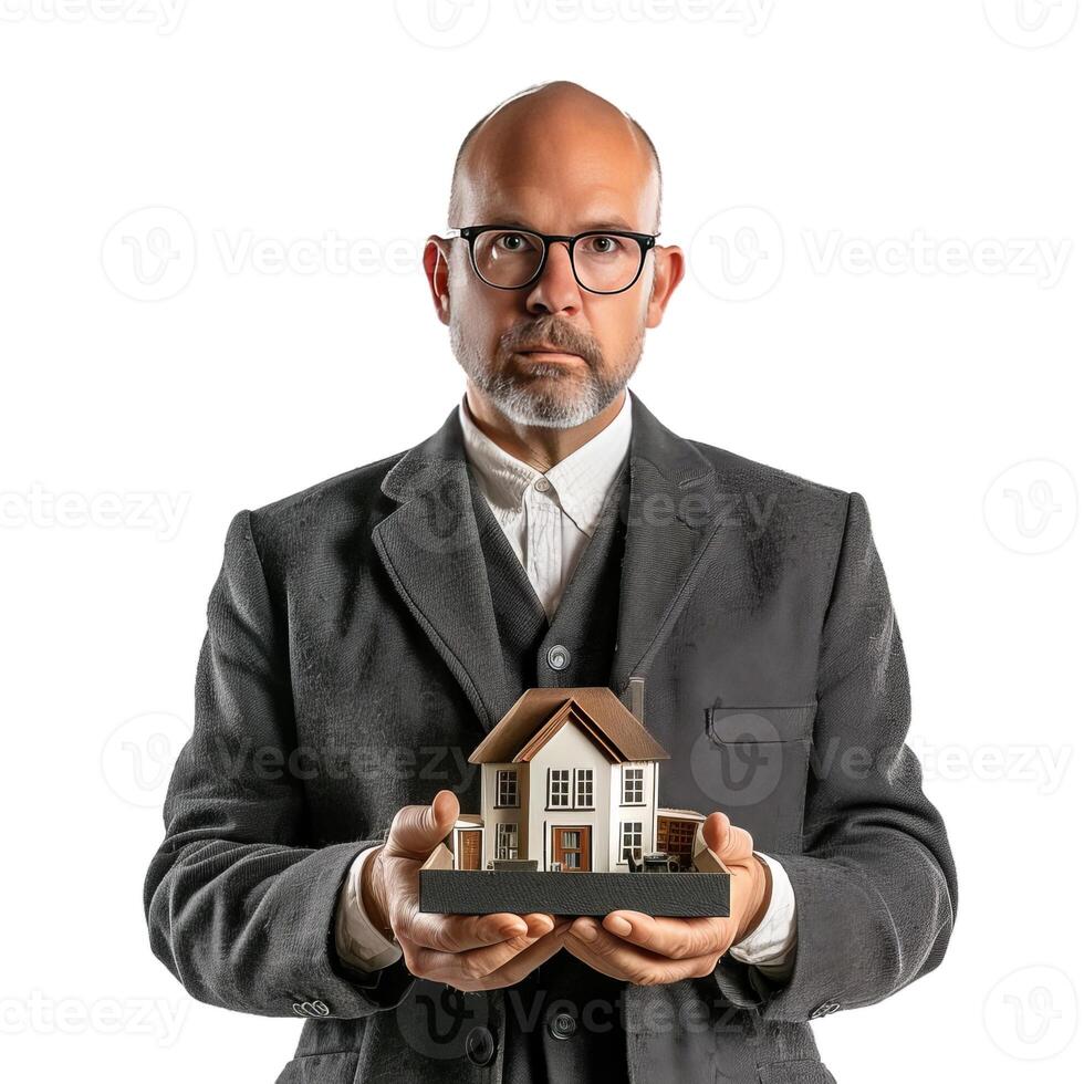 Confident businessman presenting model home photo
