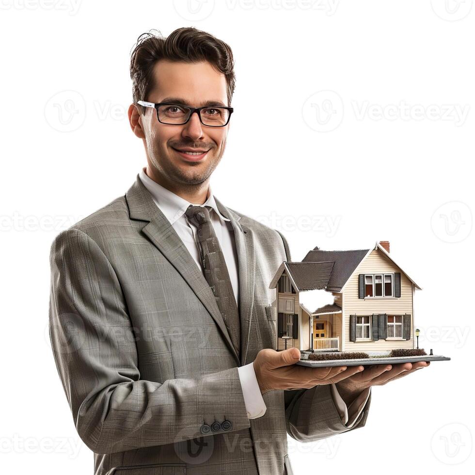 Smiling businessman presenting model home photo