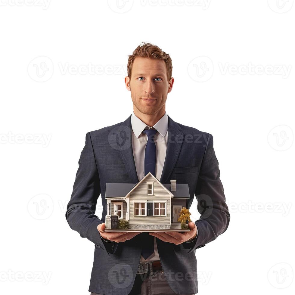 Real estate agent holding small model house on white background photo