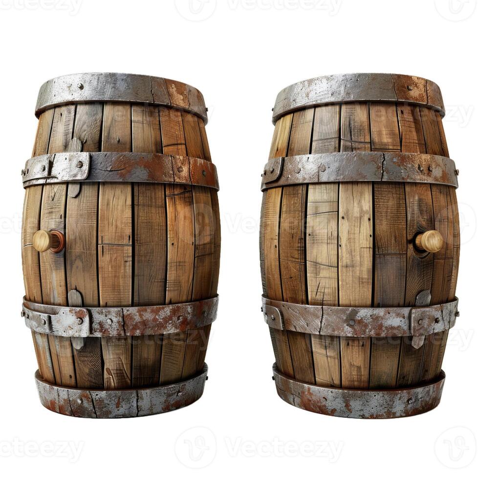 Two old wooden barrels with metal rings standing upright photo