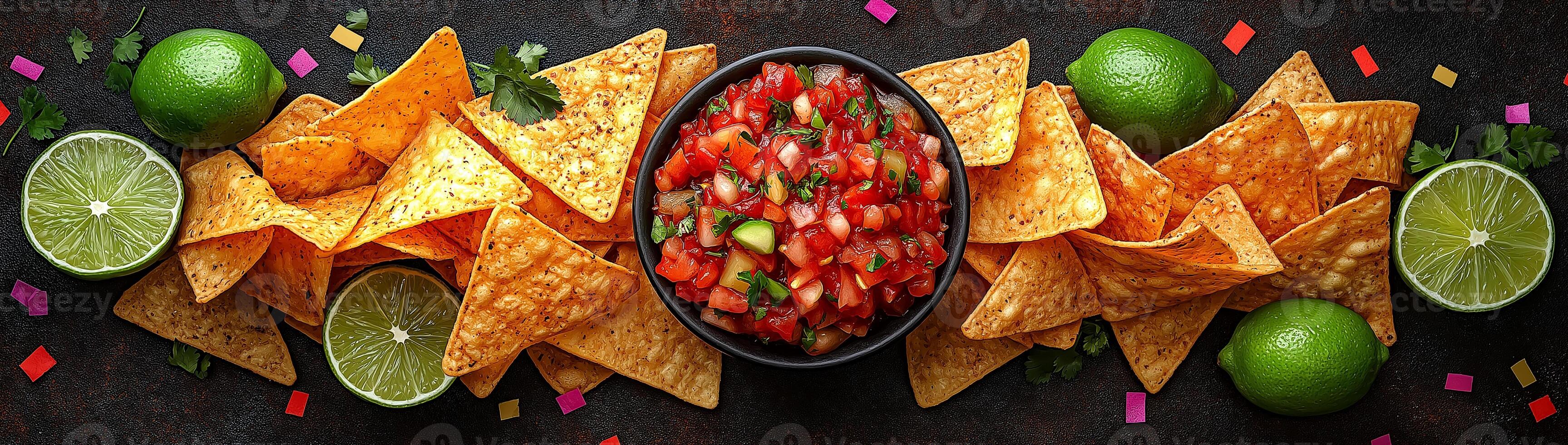 Nachos, salsa and limes on black background top view photo