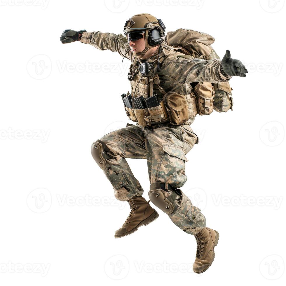 Us army soldier in camouflage uniform jumping with weapons and backpack photo