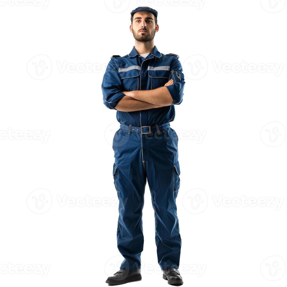 Serious paramedic posing with folded arms on white background photo