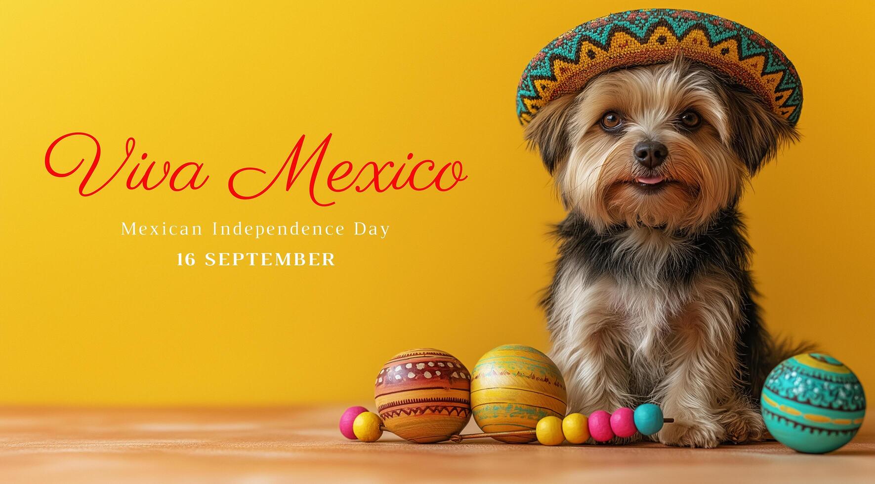 Small dog in a sombrero and with maracas on a yellow background with text photo
