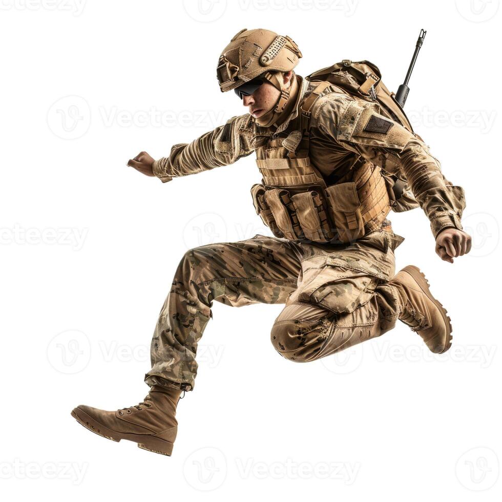 Us army ranger jumping over obstacle during mission photo