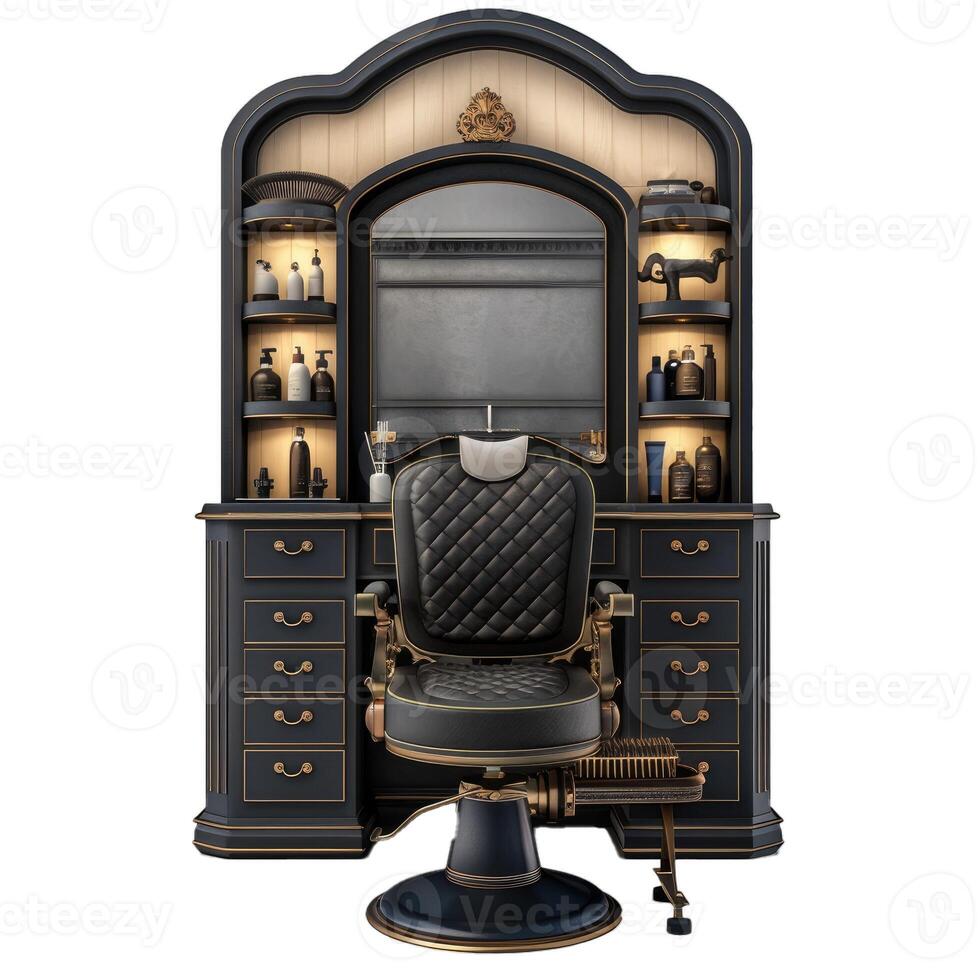 Vintage barber chair and cabinet on transparent background photo