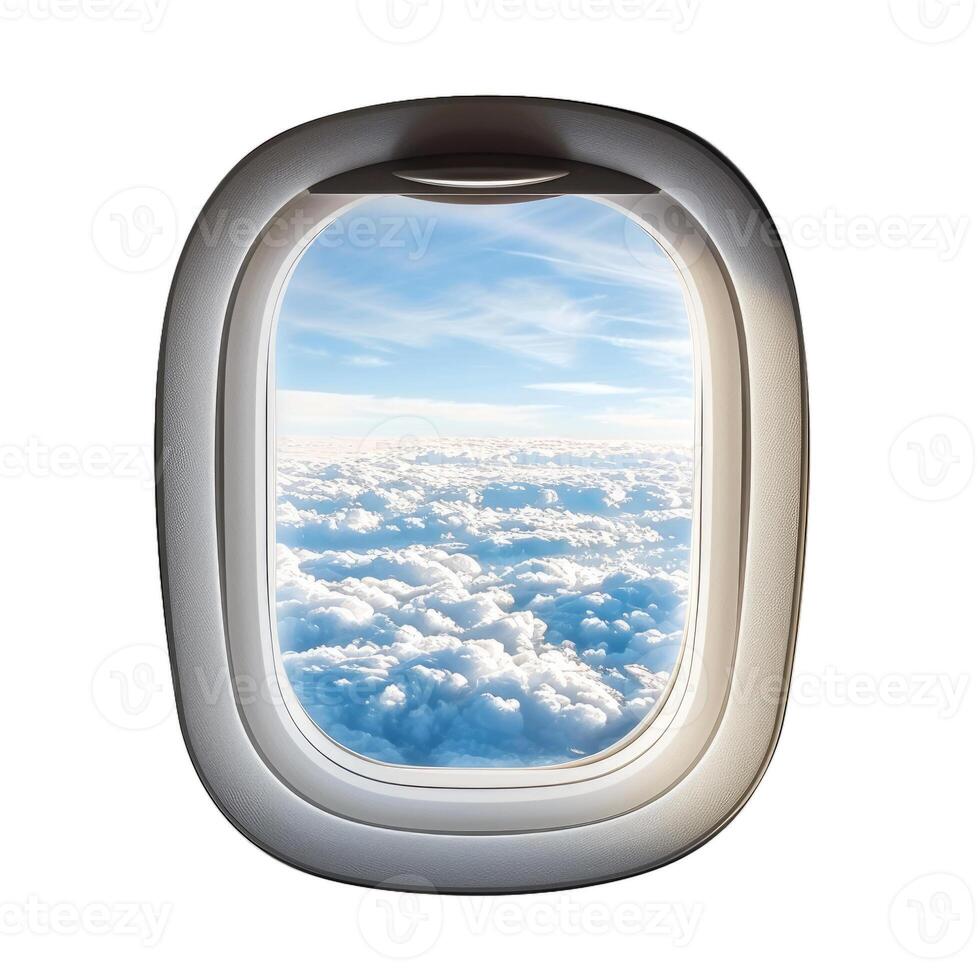 Airplane window showing blue sky and clouds during flight photo
