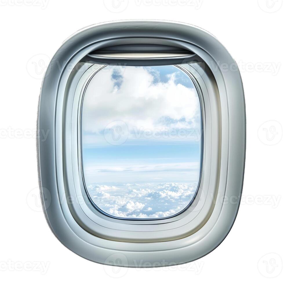 Airplane window showing blue sky with clouds during flight photo