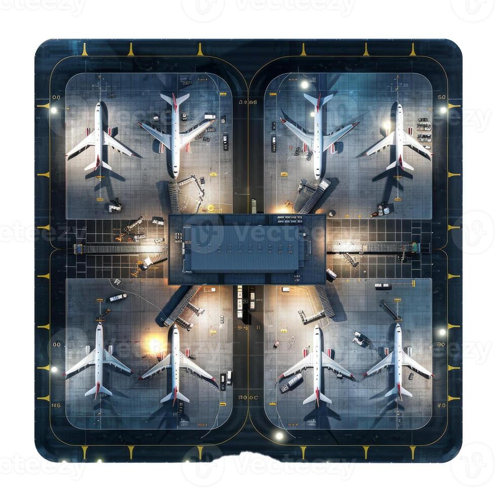 Aerial view of busy airport terminal at night photo