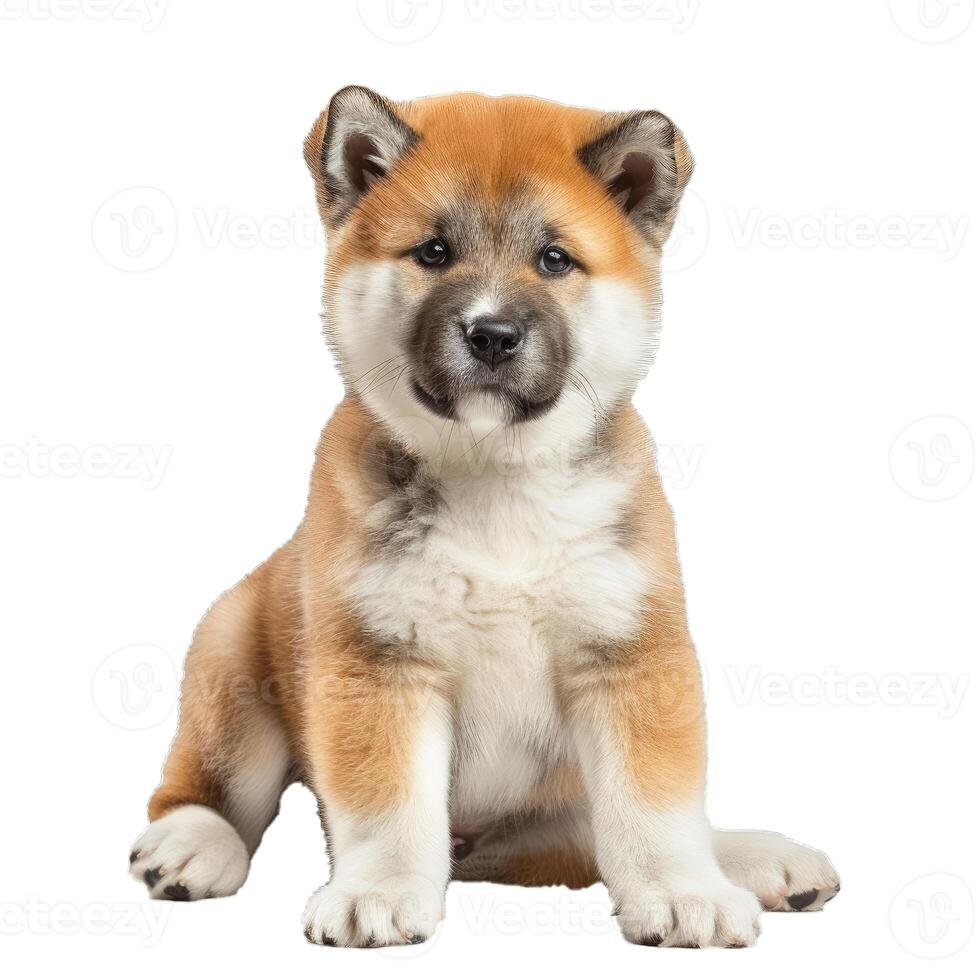 Adorable akita inu puppy is sitting on a white background photo