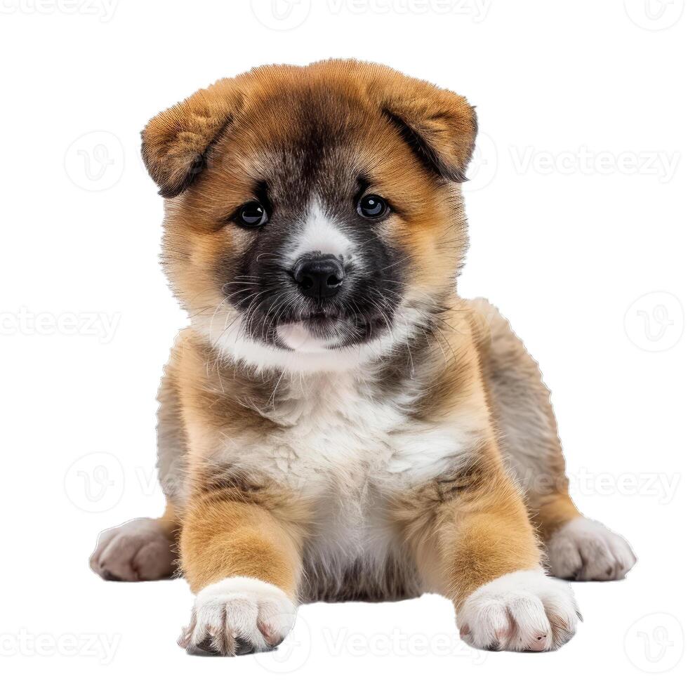 Adorable akita inu puppy lying down on white background photo