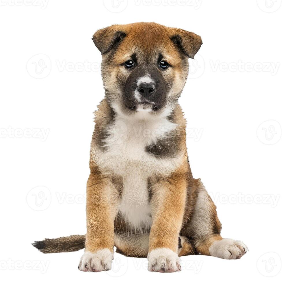 Adorable akita inu puppy dog sitting and looking at camera photo
