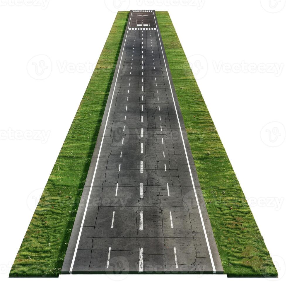 Aerial view of empty runway with green grass photo