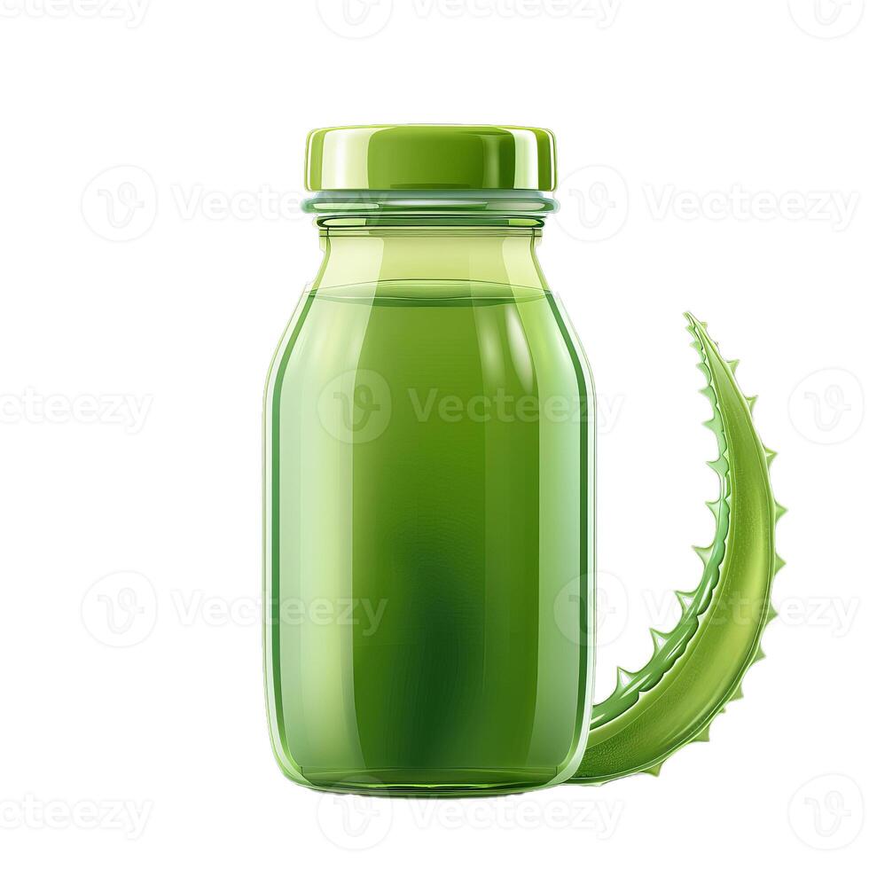 Green glass bottle full of aloe vera juice standing on white background photo