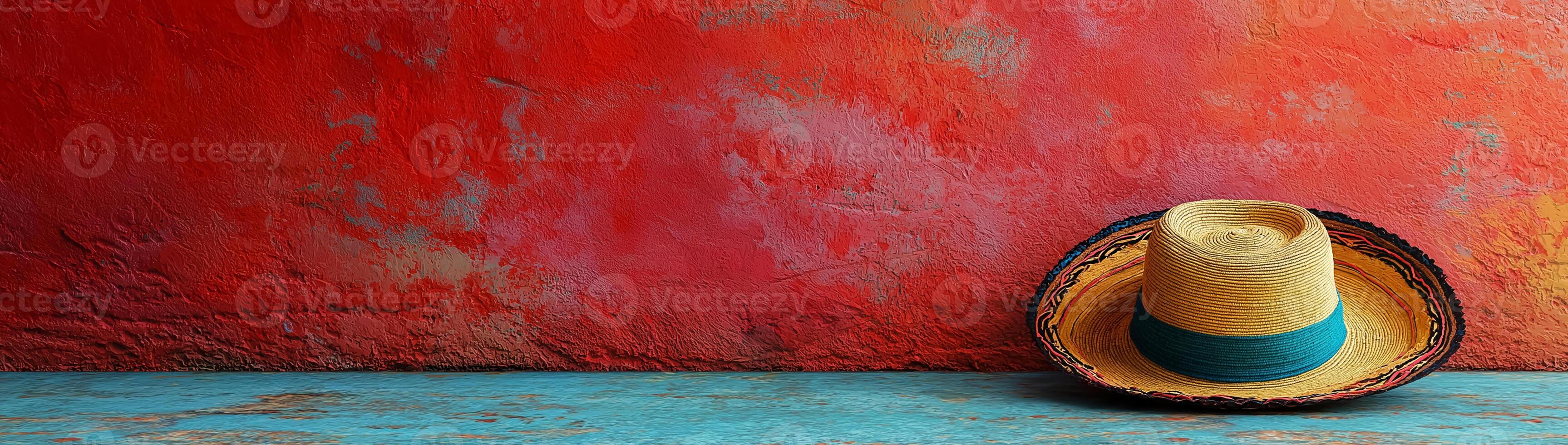 Mexico Hat, Sombrero on the floor against a red wall with space for text photo