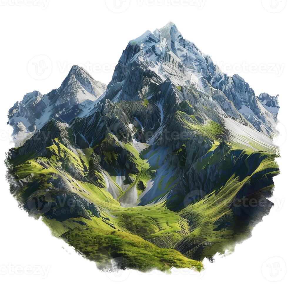 Majestic mountain range with lush green valleys on white background photo