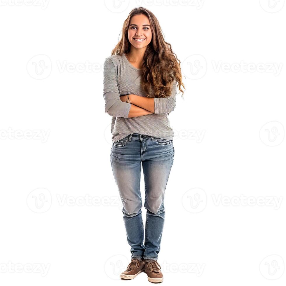 Young woman smiling standing with arms crossed on white background photo