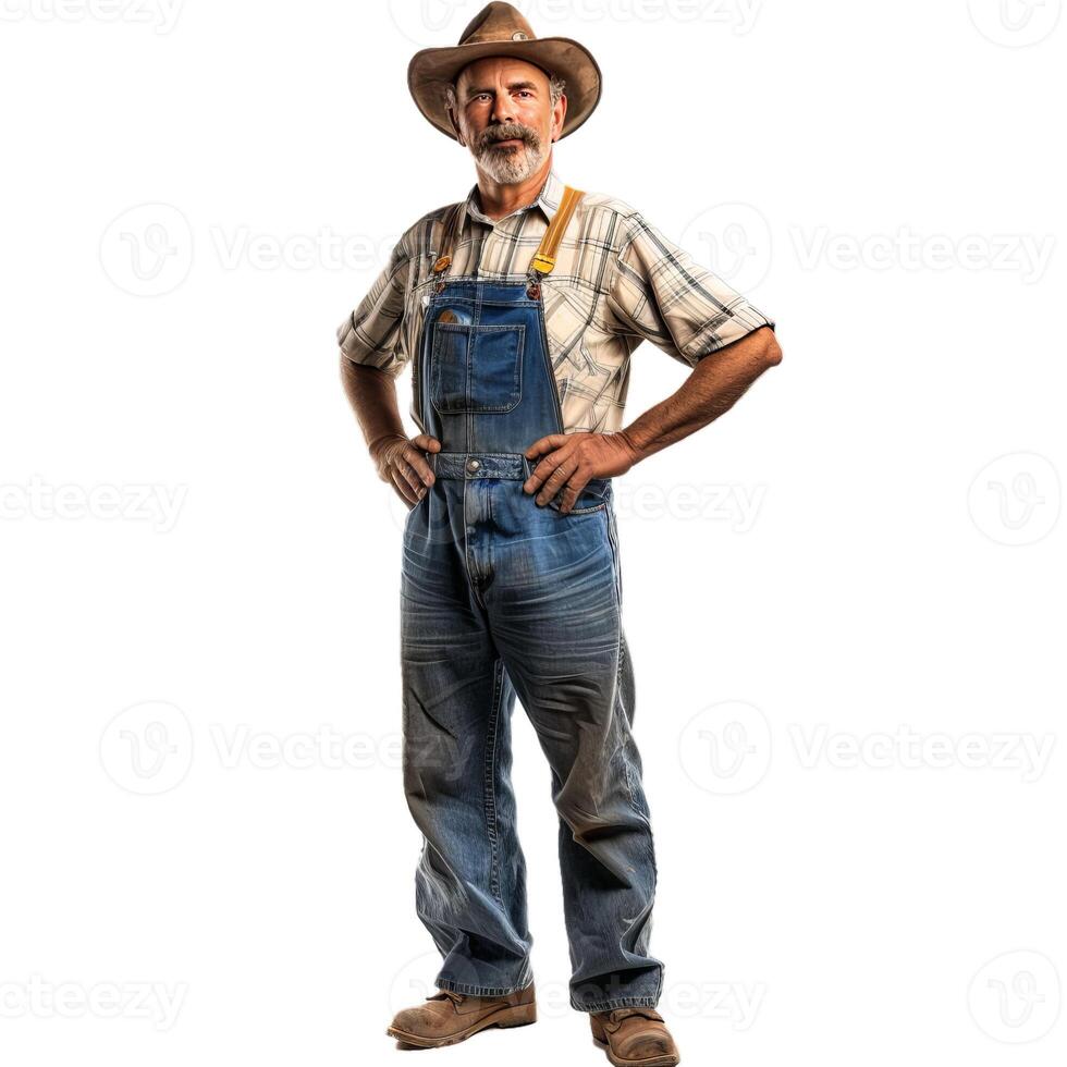 Confident farmer in overalls standing on transparent background photo