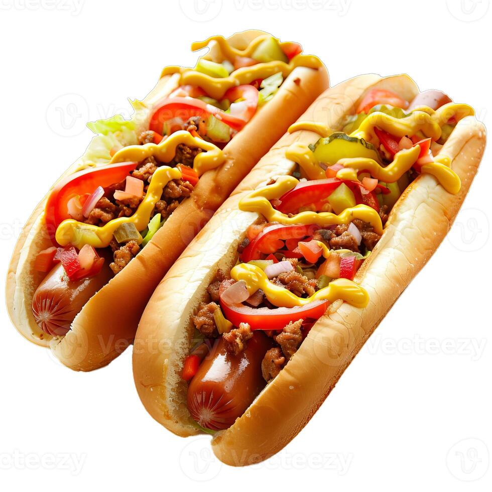 Two delicious hot dogs with mustard relish and onions on white background photo