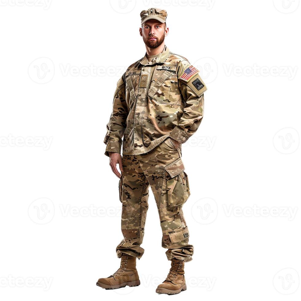 Us army soldier wearing camouflage uniform standing at attention photo