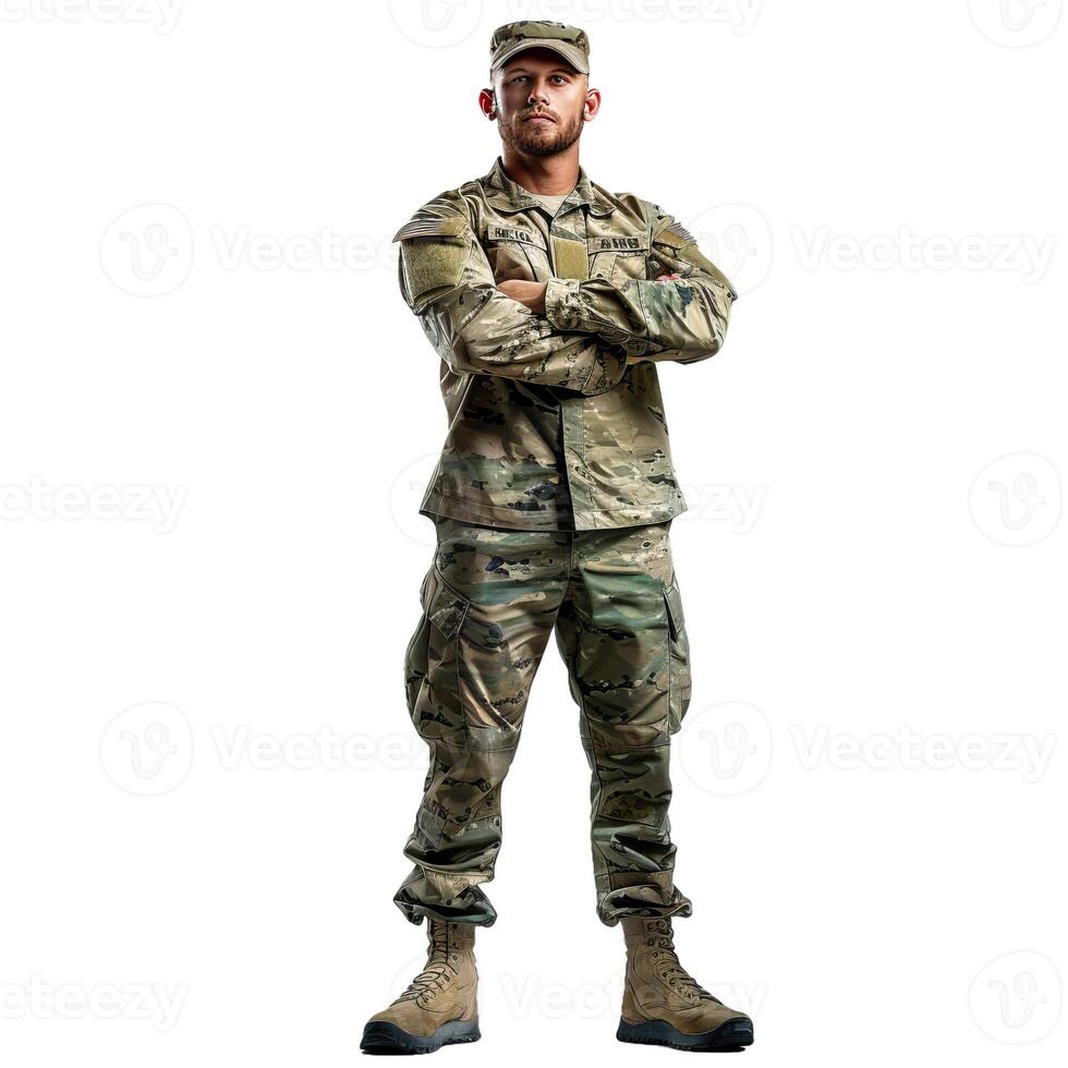 Serious military man with arms crossed standing at attention photo