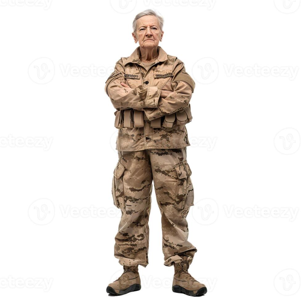 Confident senior female soldier standing with arms crossed photo