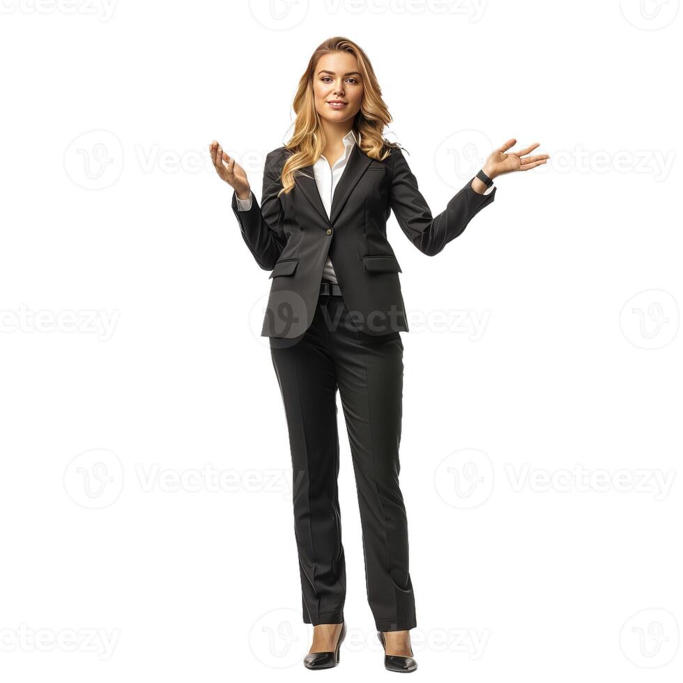 Confident businesswoman presenting on transparent background photo